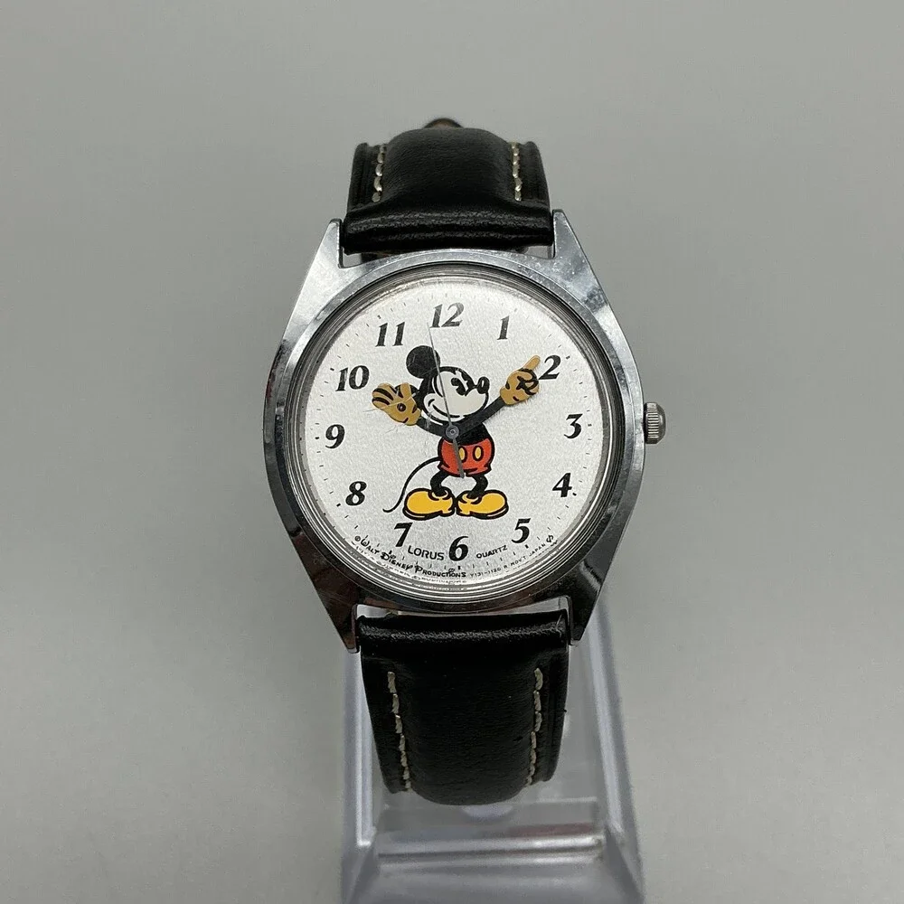 Vintage Lorus Mens Watch 33mm Mickey Mouse Dial Black Leather Disney New Battery